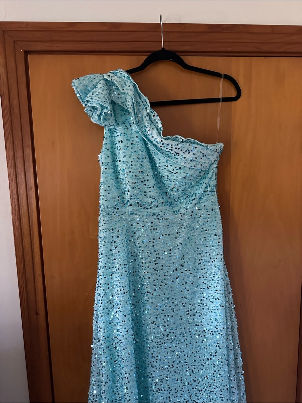 One-Shoulder Light Teal Sequin Evening Gown Nwt